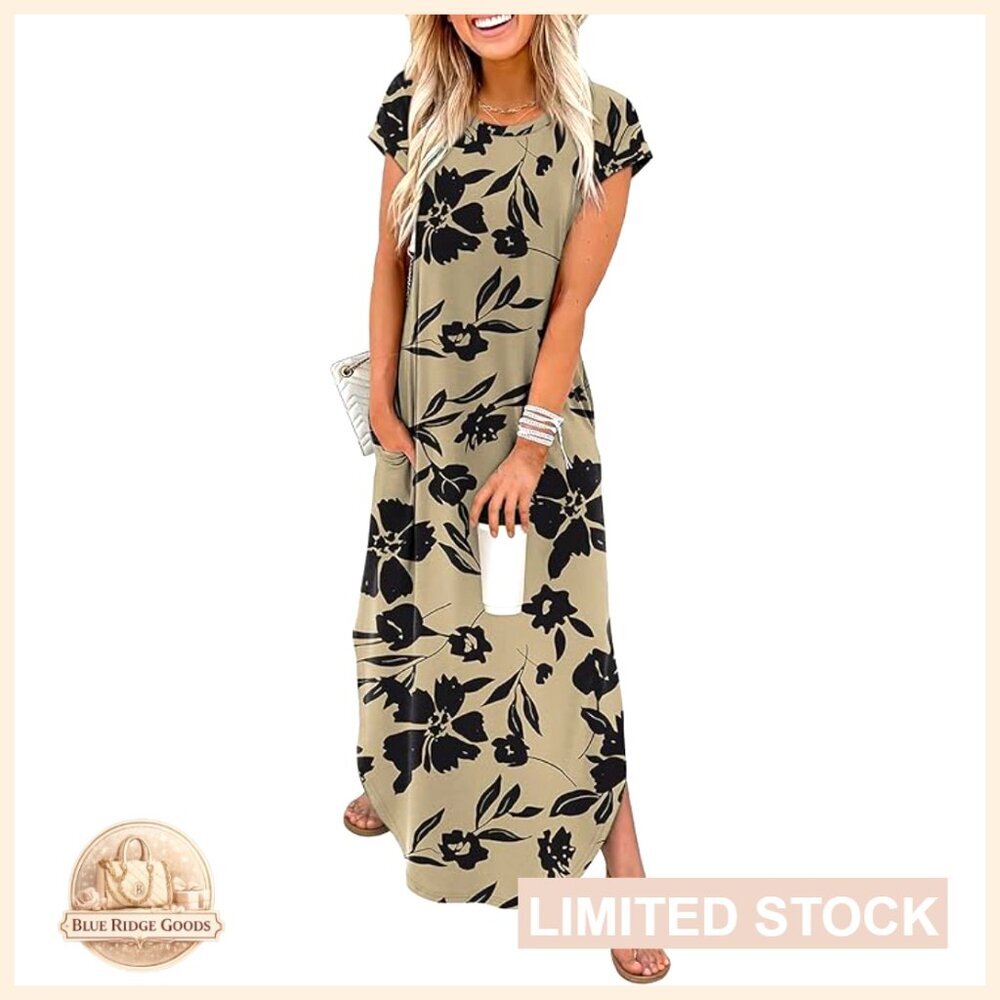 Maxi Dress with Pockets Cap Sleeve Crewneck Summer Casual Beach Vacation